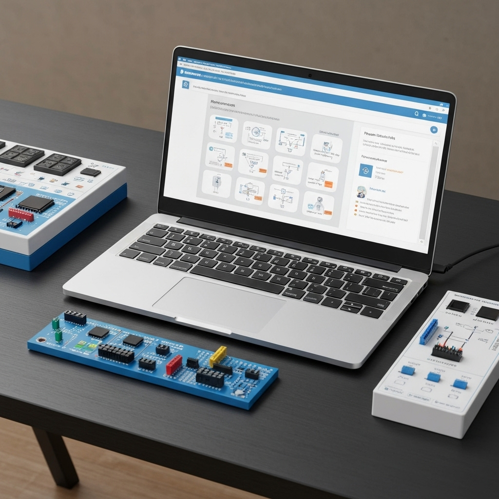Preview of an interactive electronics module alongside the included hardware kit